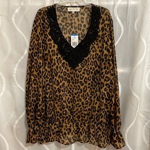 NWT Jones New York Tan & Black Leopard Print Blouse, Size XL